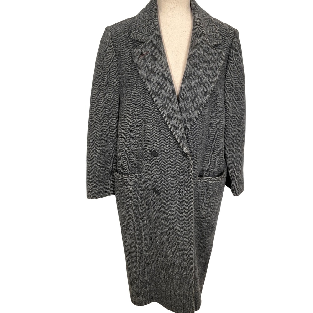 J G Hook Overcoat Womens‎ LP Demi Blue  Herringbone Double Breasted Long Coat